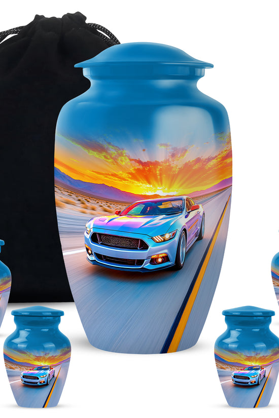Calming Blue Car Cremation Urn top-down view of secure threaded lid - traditional car engraving with hand-polished finish - memorial set with one large and four small urns