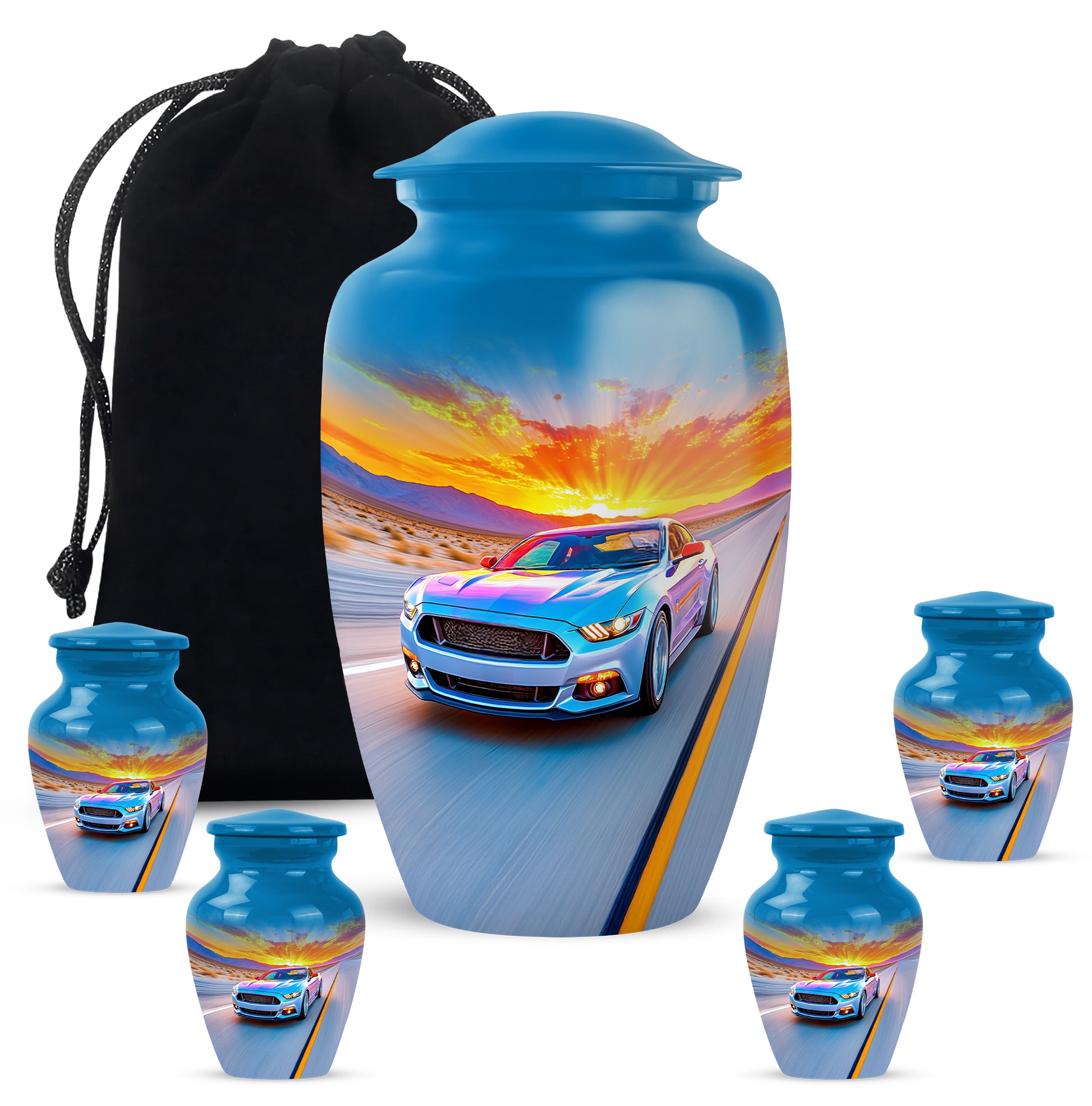 Calming Blue Car Cremation Urn top-down view of secure threaded lid - traditional car engraving with hand-polished finish - memorial set with one large and four small urns