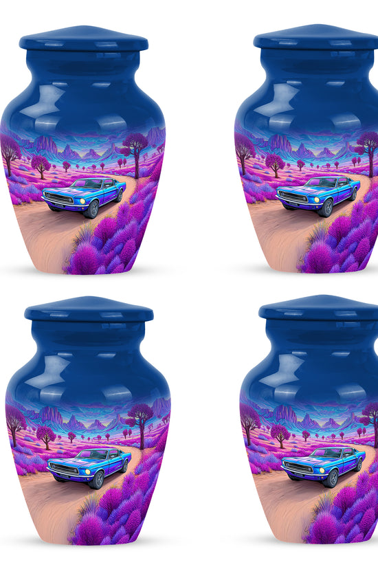 Icy Blue Car Cremation Urn side profile showing urn shape - classic sculpted car pattern on smooth aluminum - 10 inch aluminum urn for cremated remains