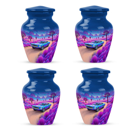 Icy Blue Car Cremation Urn side profile showing urn shape - classic sculpted car pattern on smooth aluminum - 10 inch aluminum urn for cremated remains