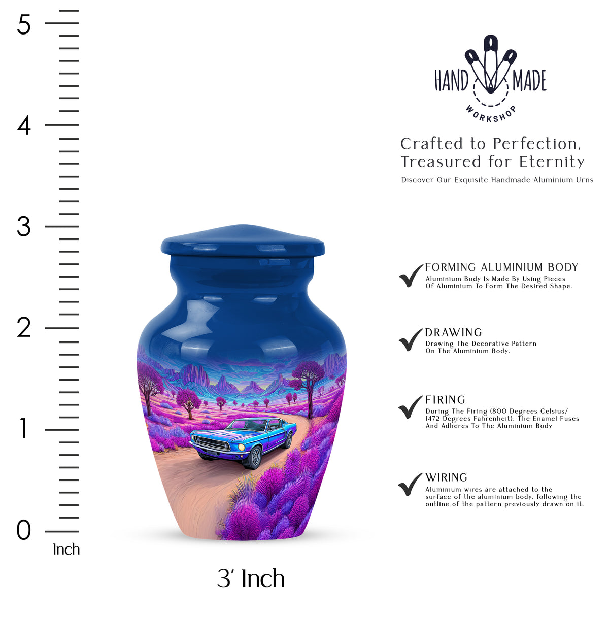 Icy Blue Car Cremation Urn close-up of engraving and surface detail - timeless car motif etched into premium metal - mini keepsake memorial for portion of cremation ashes