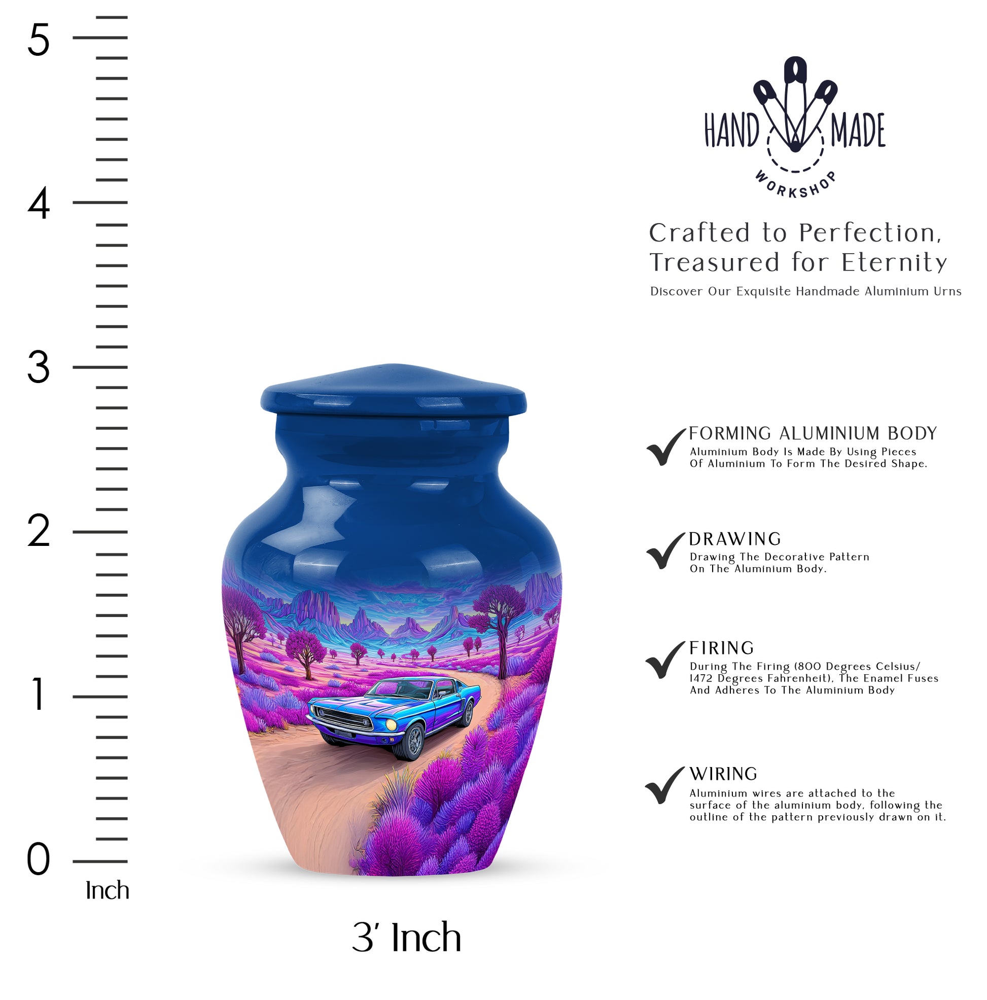 Icy Blue Car Cremation Urn close-up of engraving and surface detail - timeless car motif etched into premium metal - mini keepsake memorial for portion of cremation ashes