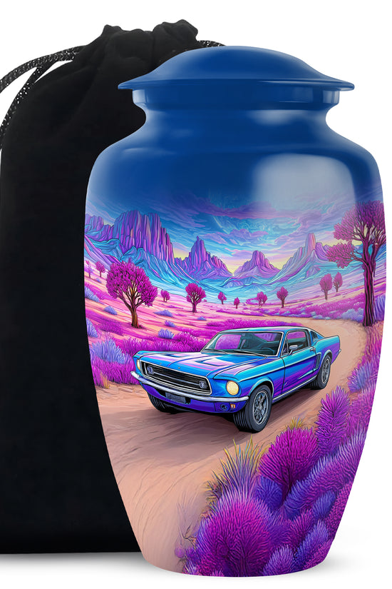Vivid Blue Car Cremation Urn angled view of lid and engraved motif - elegant classic car relief with fine detailing - full-size 10 inch 200 cubic inch adult cremation urn