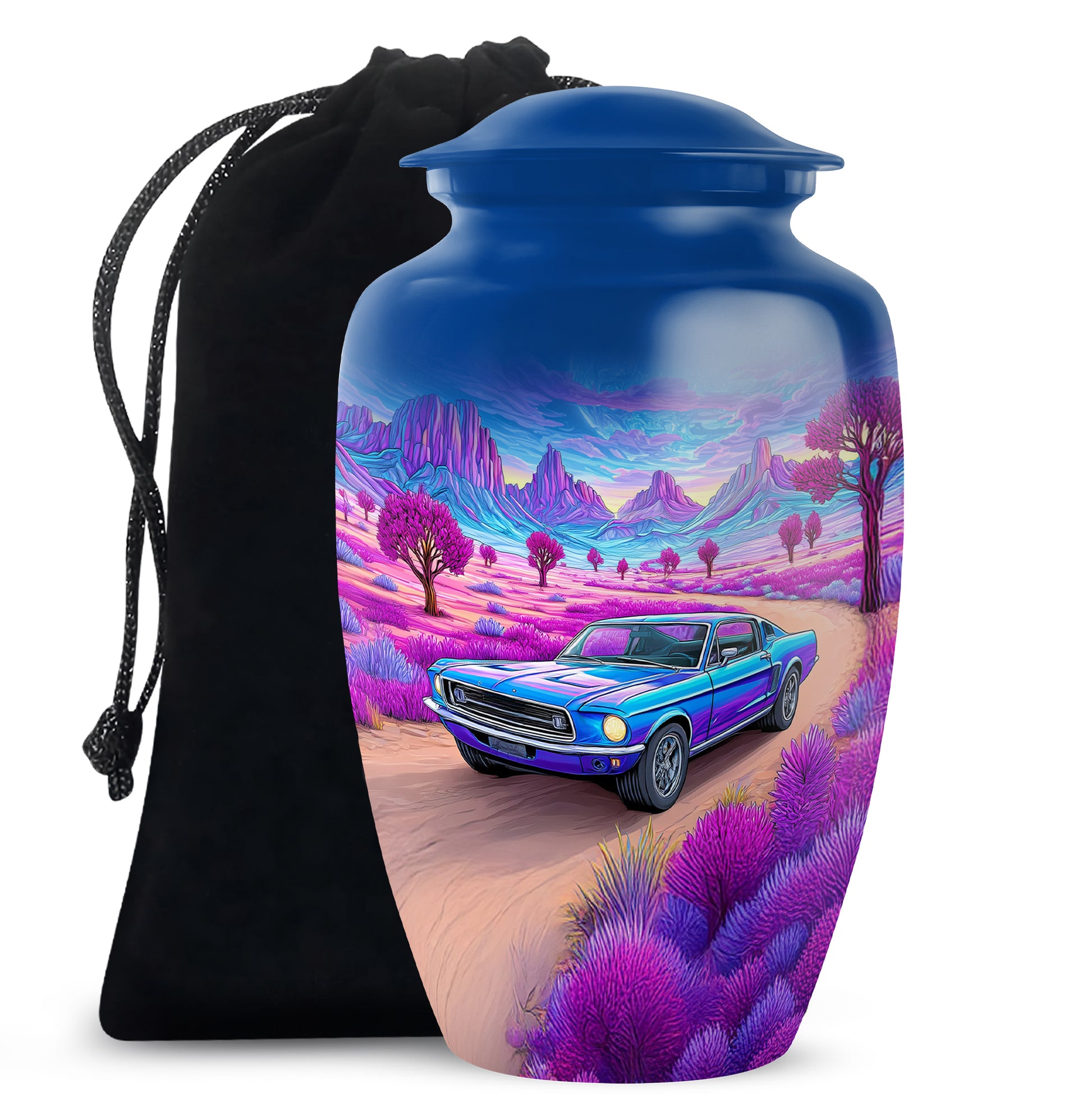 Vivid Blue Car Cremation Urn angled view of lid and engraved motif - elegant classic car relief with fine detailing - full-size 10 inch 200 cubic inch adult cremation urn
