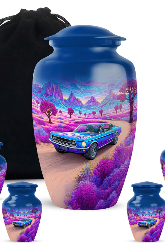 Serene Blue Car Cremation Urn top-down view of secure threaded lid - elegant classic car relief with fine detailing - memorial set with one large and four small urns