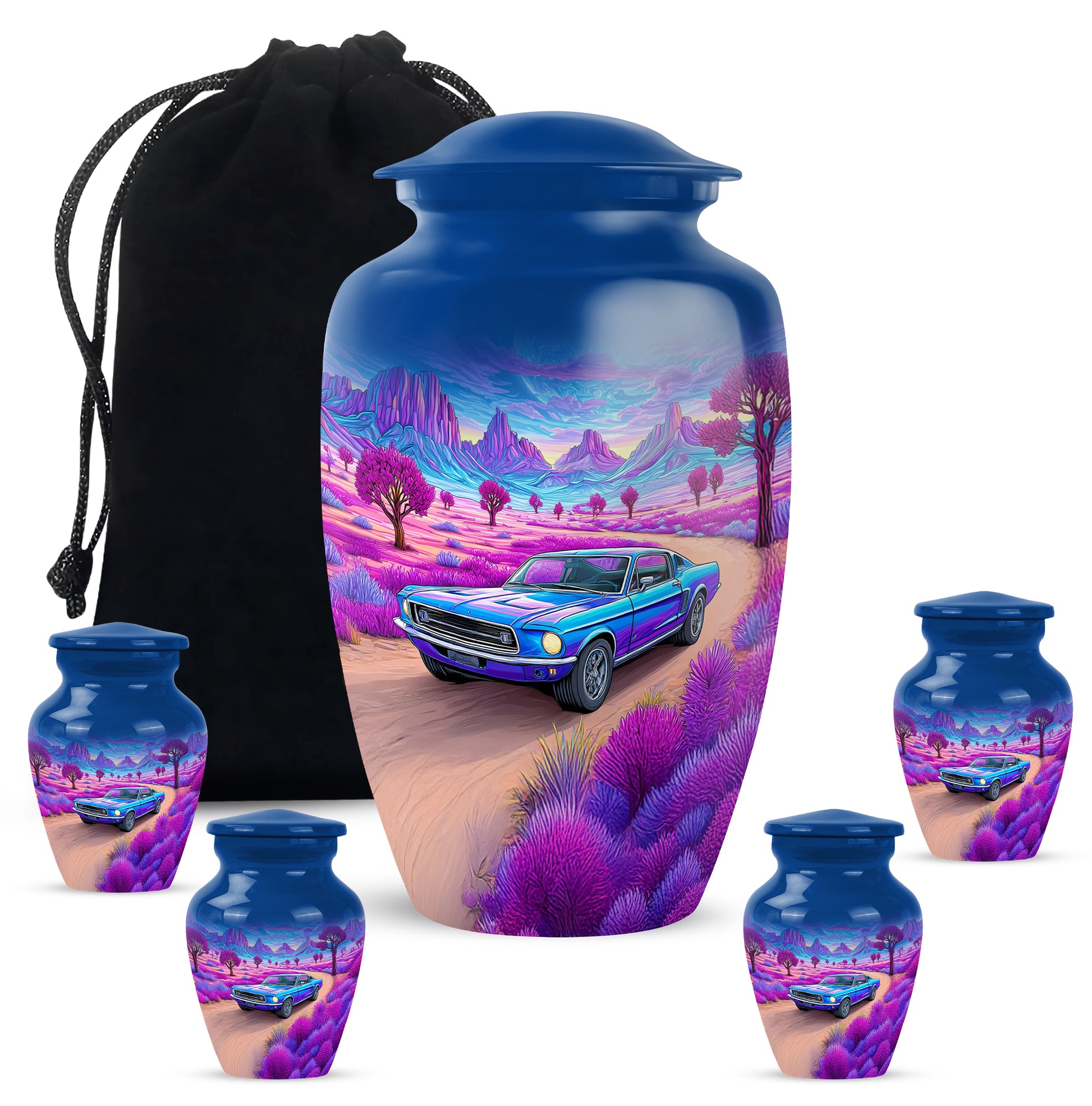 Serene Blue Car Cremation Urn top-down view of secure threaded lid - elegant classic car relief with fine detailing - memorial set with one large and four small urns
