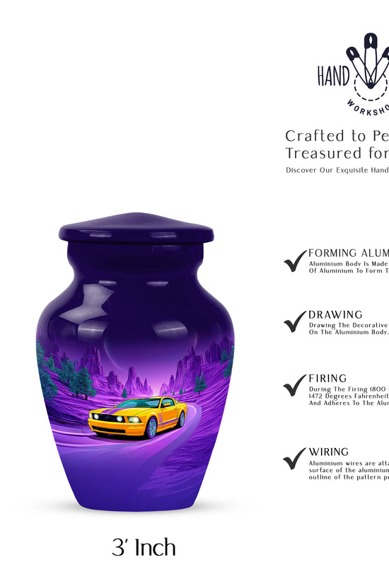 Cornflower Blue Car Cremation Urn close-up of engraving and surface detail - elegant classic car relief with fine detailing - mini keepsake memorial for portion of cremation ashes
