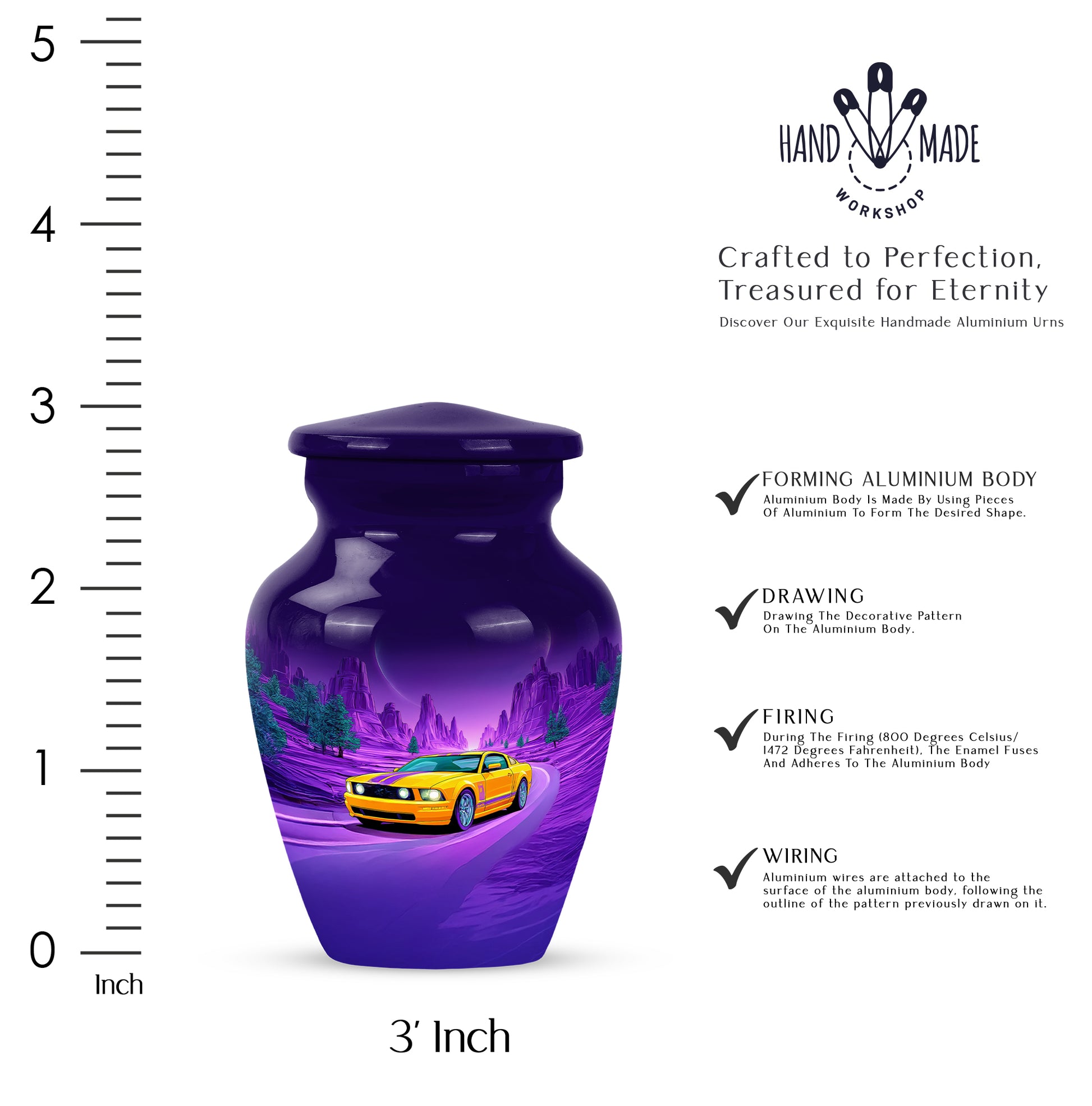 Cornflower Blue Car Cremation Urn close-up of engraving and surface detail - elegant classic car relief with fine detailing - mini keepsake memorial for portion of cremation ashes
