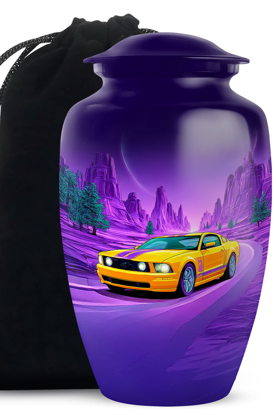 Cobalt Blue Car Cremation Urn angled view of lid and engraved motif - traditional car engraving with hand-polished finish - full-size 10 inch 200 cubic inch adult cremation urn