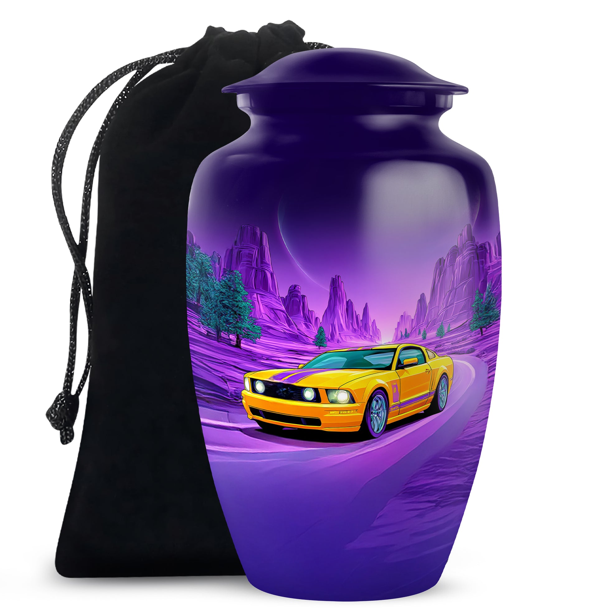 Cobalt Blue Car Cremation Urn angled view of lid and engraved motif - traditional car engraving with hand-polished finish - full-size 10 inch 200 cubic inch adult cremation urn