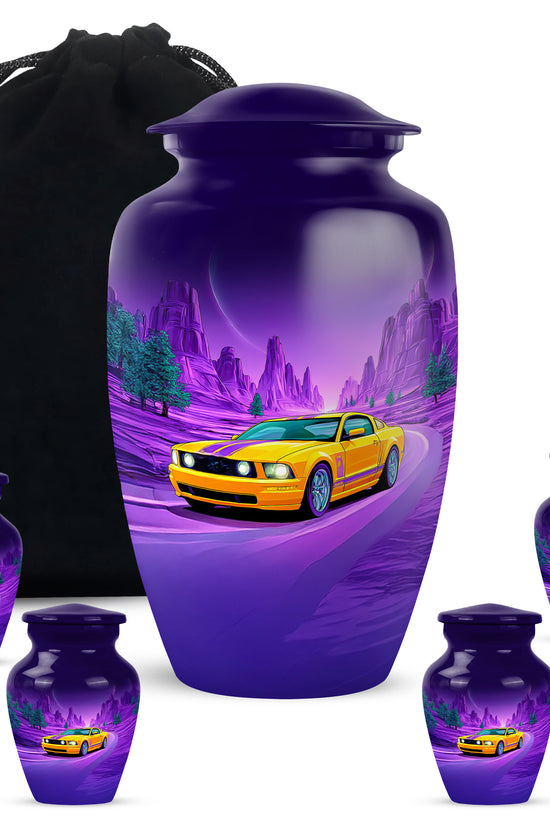 Dusty Blue Car Cremation Urn top-down view of secure threaded lid - timeless car motif etched into premium metal - memorial set with one large and four small urns