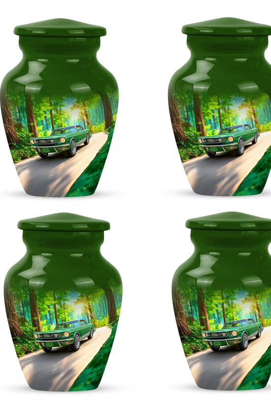 Jade Green Car Cremation Urn side profile showing urn shape - classic sculpted car pattern on smooth aluminum - 10 inch aluminum urn for cremated remains