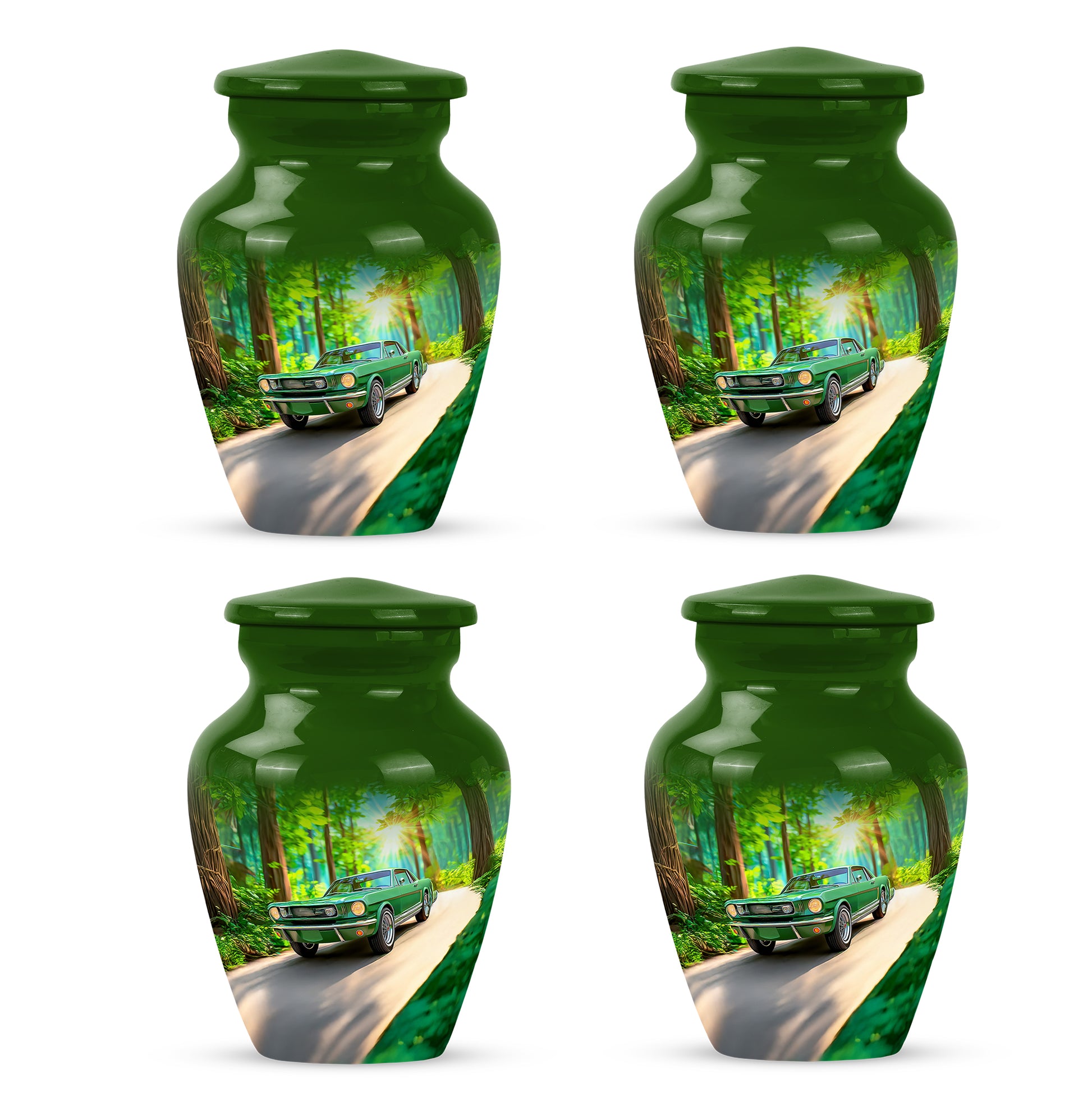 Jade Green Car Cremation Urn side profile showing urn shape - classic sculpted car pattern on smooth aluminum - 10 inch aluminum urn for cremated remains