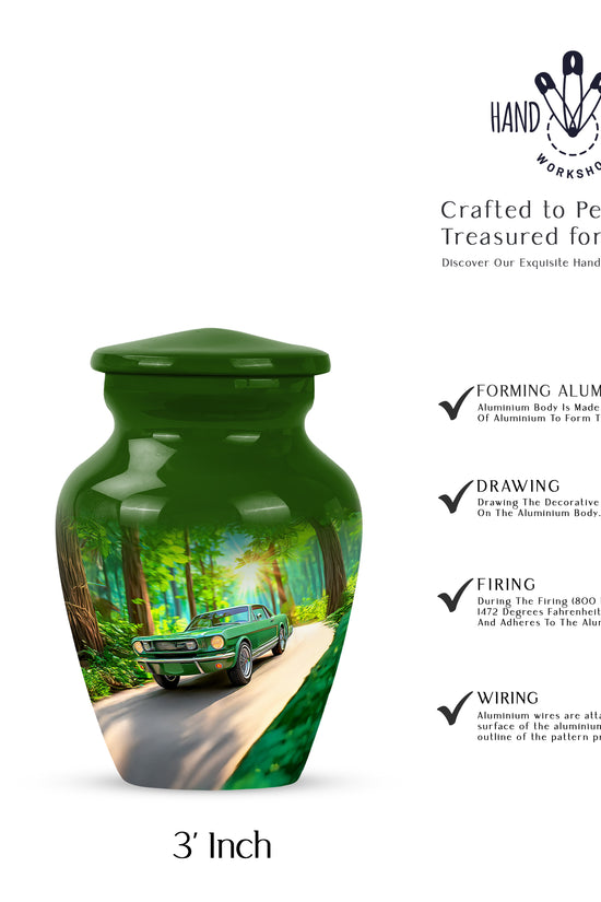 Forest Green Car Cremation Urn close-up of engraving and surface detail - elegant classic car relief with fine detailing - mini keepsake memorial for portion of cremation ashes