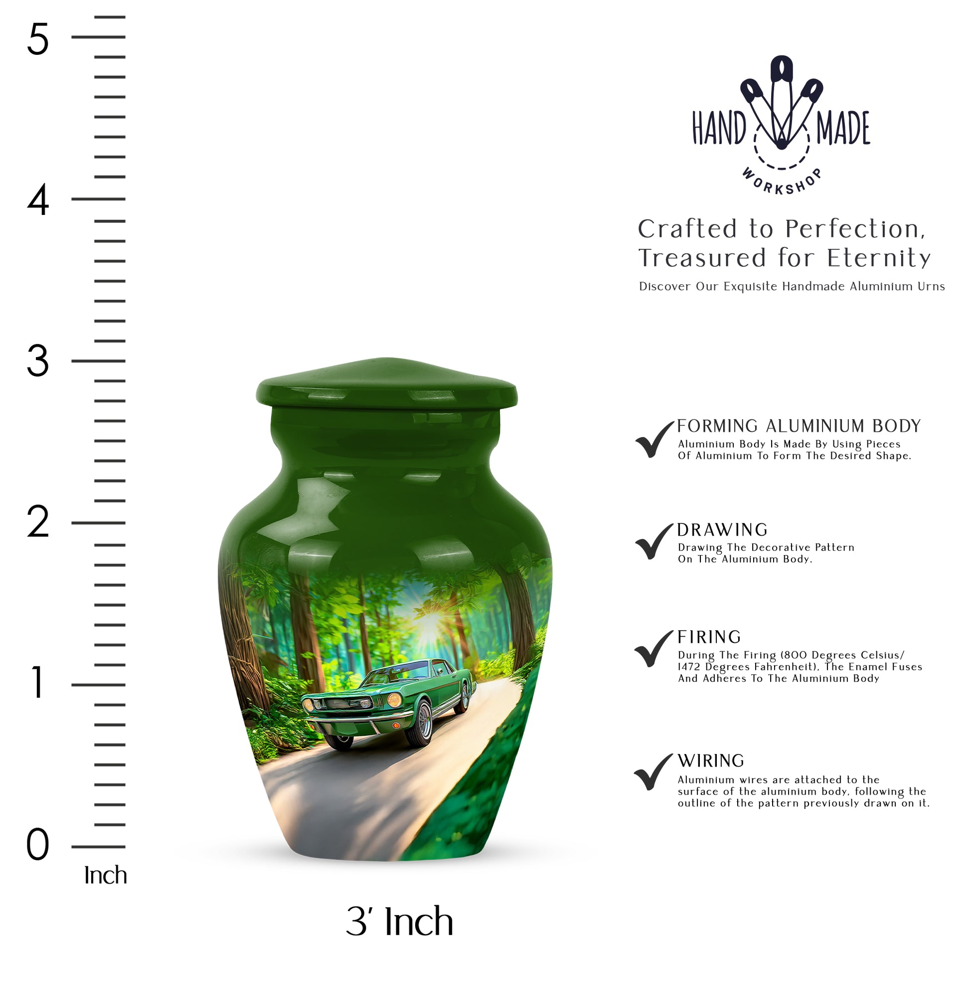 Forest Green Car Cremation Urn close-up of engraving and surface detail - elegant classic car relief with fine detailing - mini keepsake memorial for portion of cremation ashes