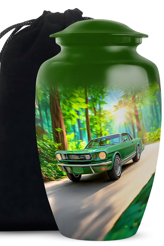 Mint Green Car Cremation Urn angled view of lid and engraved motif - elegant classic car relief with fine detailing - full-size 10 inch 200 cubic inch adult cremation urn