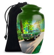 Mint Green Car Cremation Urn angled view of lid and engraved motif - elegant classic car relief with fine detailing - full-size 10 inch 200 cubic inch adult cremation urn