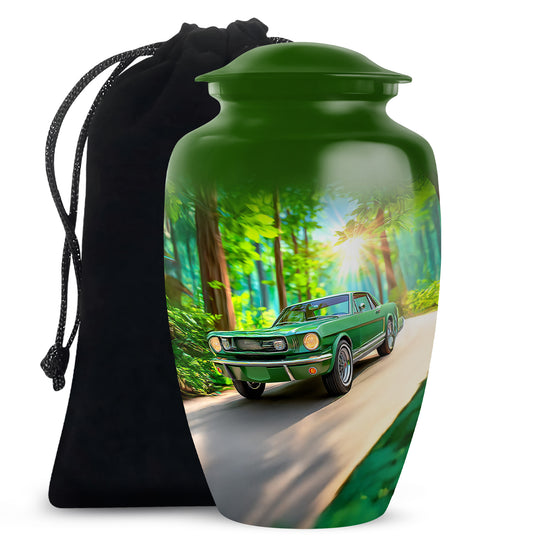 Mint Green Car Cremation Urn angled view of lid and engraved motif - elegant classic car relief with fine detailing - full-size 10 inch 200 cubic inch adult cremation urn