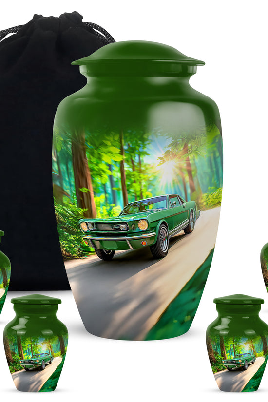 Sage Green Car Cremation Urn top-down view of secure threaded lid - timeless car motif etched into premium metal - memorial set with one large and four small urns