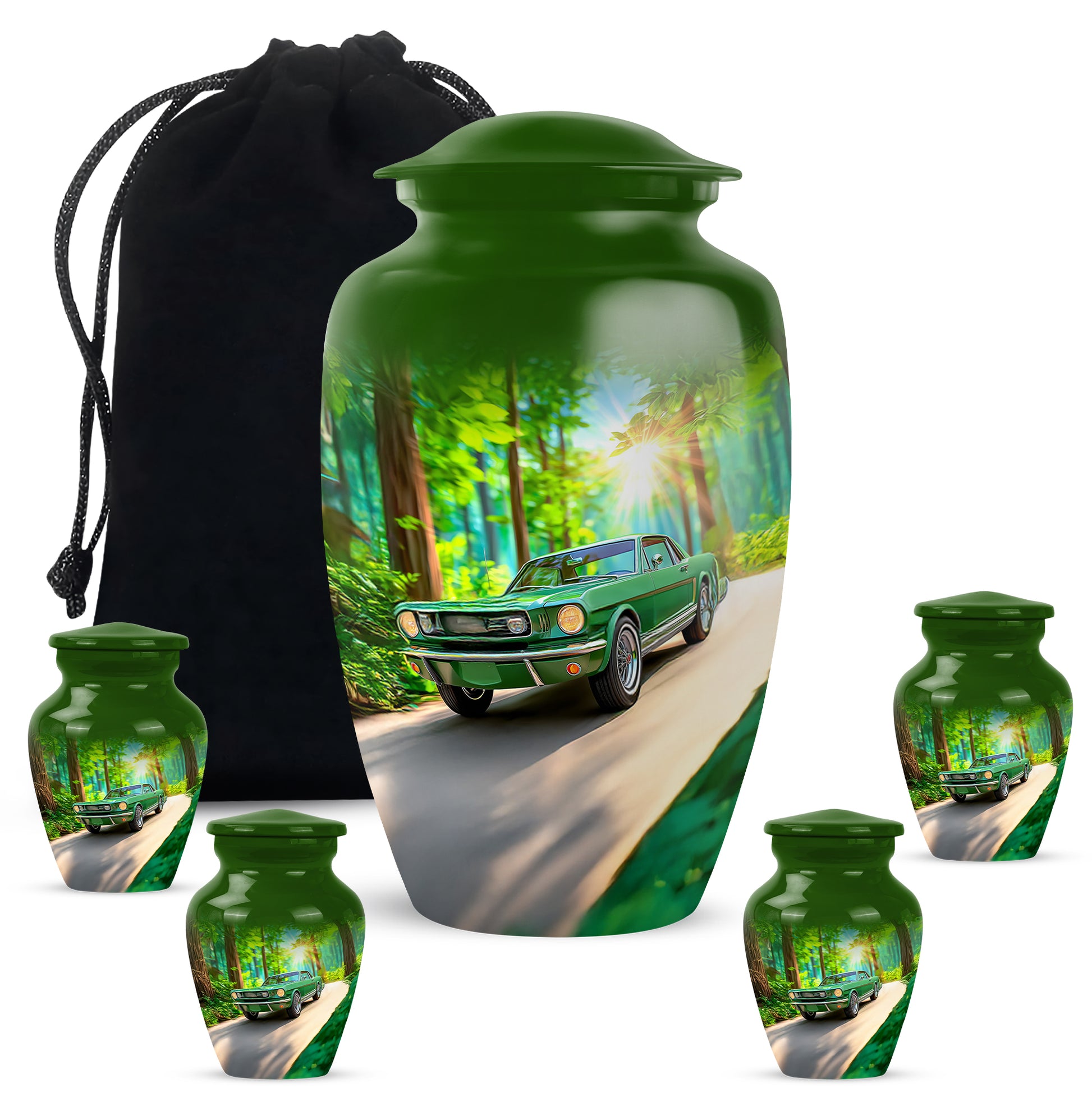Sage Green Car Cremation Urn top-down view of secure threaded lid - timeless car motif etched into premium metal - memorial set with one large and four small urns