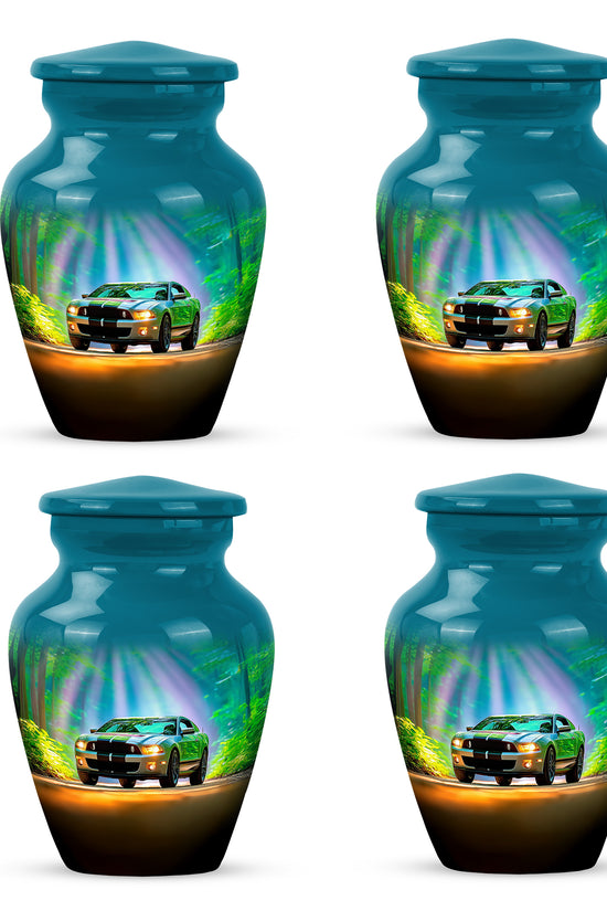 Vivid Teal Car Cremation Urn side profile showing urn shape - traditional car engraving with hand-polished finish - 10 inch aluminum urn for cremated remains