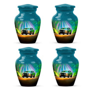 Vivid Teal Car Cremation Urn side profile showing urn shape - traditional car engraving with hand-polished finish - 10 inch aluminum urn for cremated remains