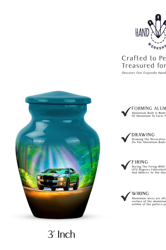 Mystic Teal Car Cremation Urn close-up of engraving and surface detail - traditional car engraving with hand-polished finish - mini keepsake memorial for portion of cremation ashes
