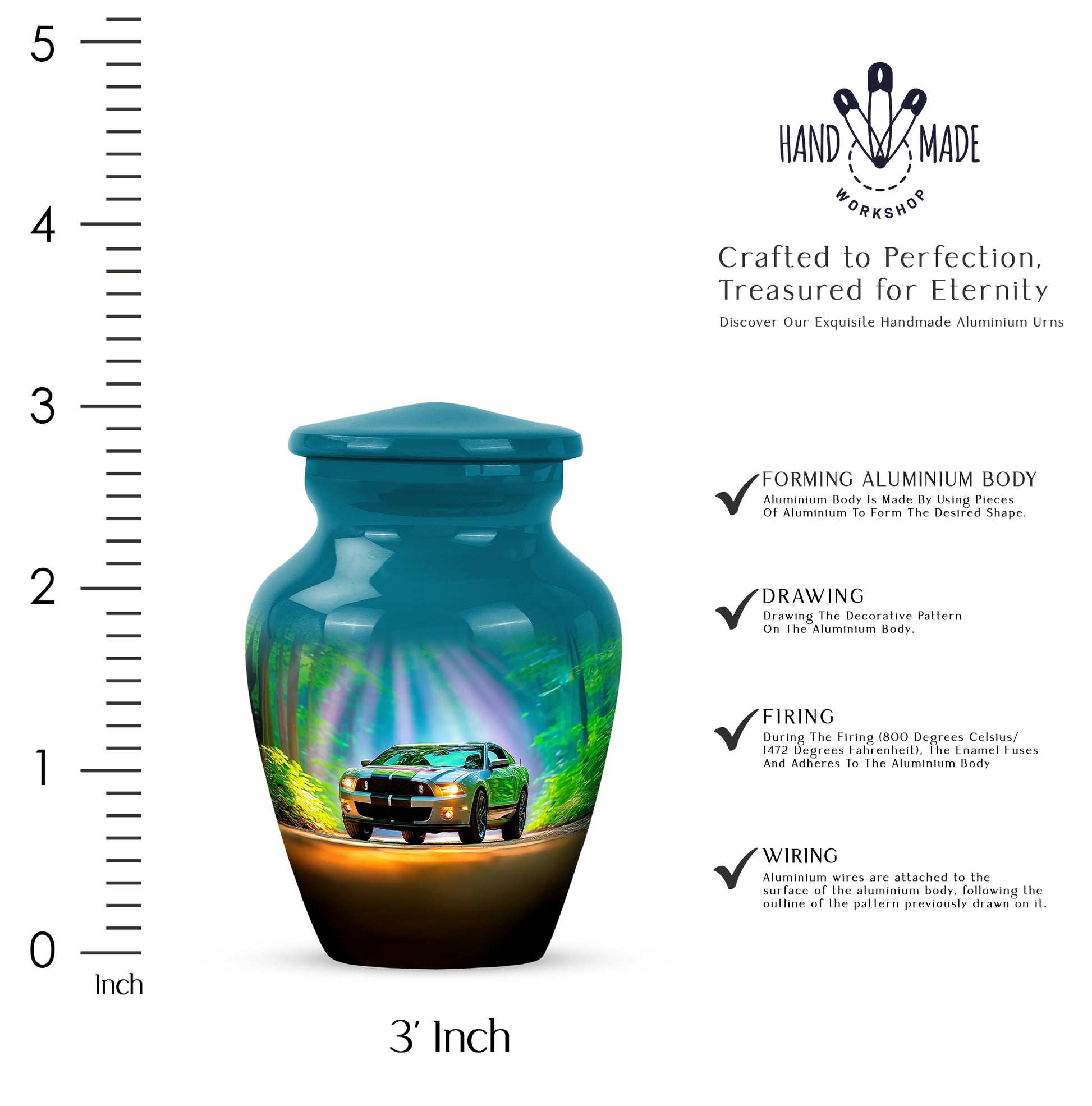 Mystic Teal Car Cremation Urn close-up of engraving and surface detail - traditional car engraving with hand-polished finish - mini keepsake memorial for portion of cremation ashes