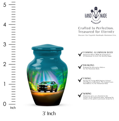 Mystic Teal Car Cremation Urn close-up of engraving and surface detail - traditional car engraving with hand-polished finish - mini keepsake memorial for portion of cremation ashes