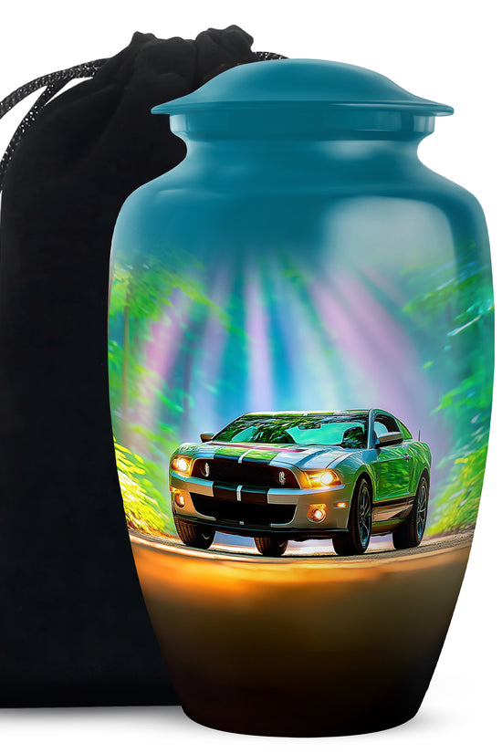 Cool Teal Car Cremation Urn angled view of lid and engraved motif - timeless car motif etched into premium metal - full-size 10 inch 200 cubic inch adult cremation urn