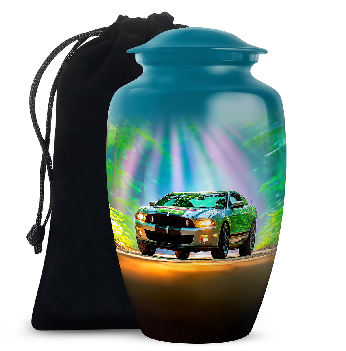 Cool Teal Car Cremation Urn angled view of lid and engraved motif - timeless car motif etched into premium metal - full-size 10 inch 200 cubic inch adult cremation urn