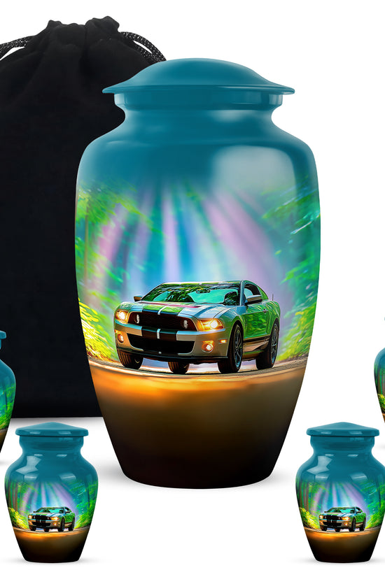 Tropical Teal Car Cremation Urn top-down view of secure threaded lid - traditional car engraving with hand-polished finish - memorial set with one large and four small urns