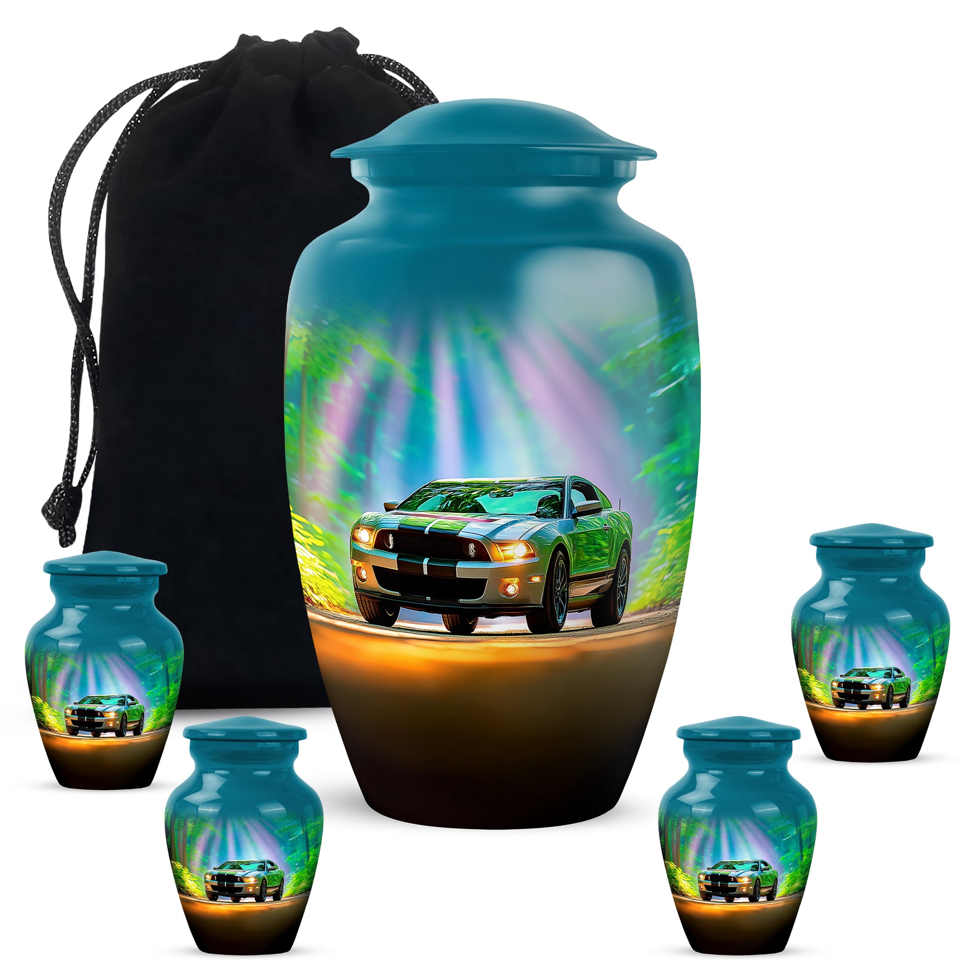 Tropical Teal Car Cremation Urn top-down view of secure threaded lid - traditional car engraving with hand-polished finish - memorial set with one large and four small urns