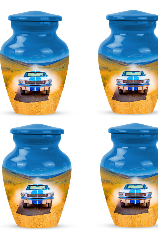 Royal Blue Car Cremation Urn side profile showing urn shape - elegant classic car relief with fine detailing - 10 inch aluminum urn for cremated remains