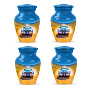 Royal Blue Car Cremation Urn side profile showing urn shape - elegant classic car relief with fine detailing - 10 inch aluminum urn for cremated remains