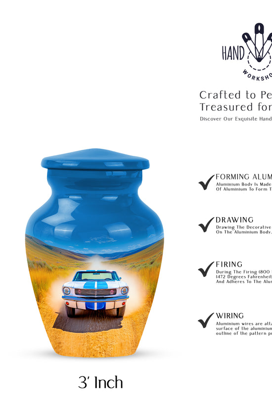 Soft Blue Car Cremation Urn close-up of engraving and surface detail - traditional car engraving with hand-polished finish - mini keepsake memorial for portion of cremation ashes