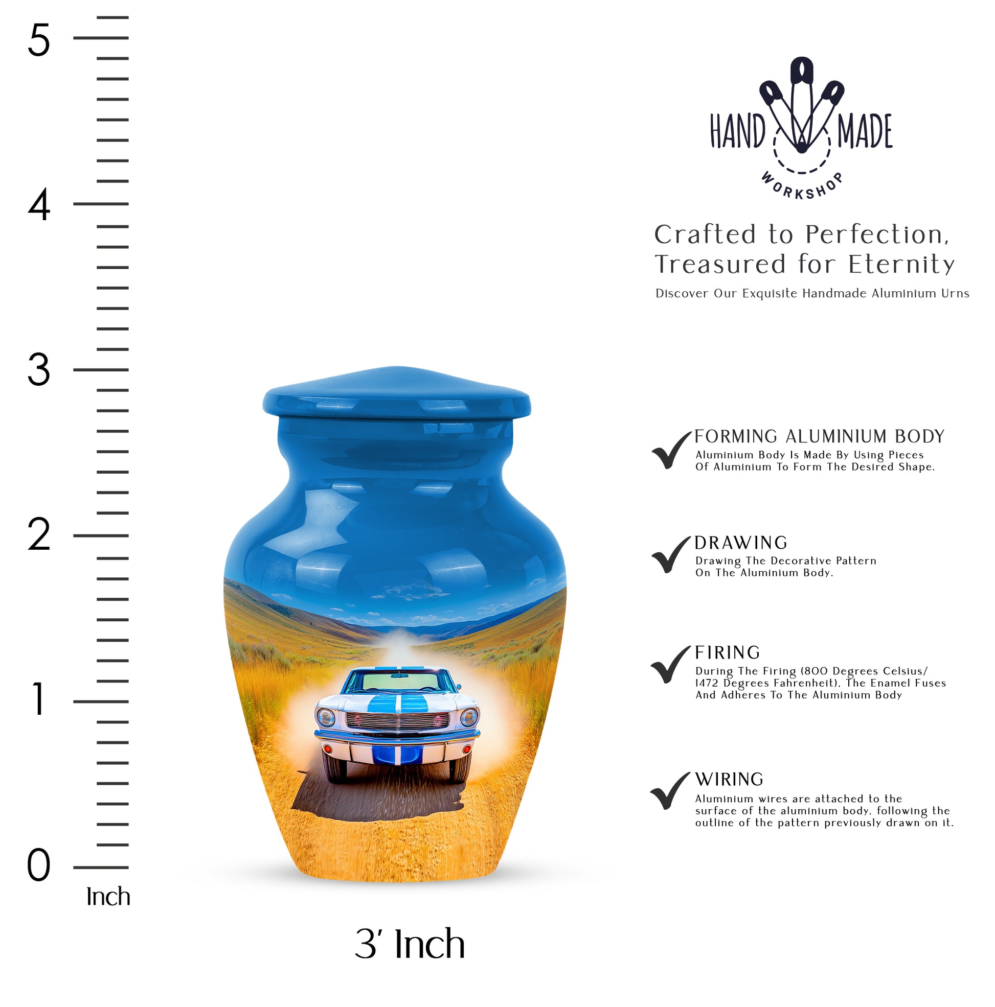 Soft Blue Car Cremation Urn close-up of engraving and surface detail - traditional car engraving with hand-polished finish - mini keepsake memorial for portion of cremation ashes