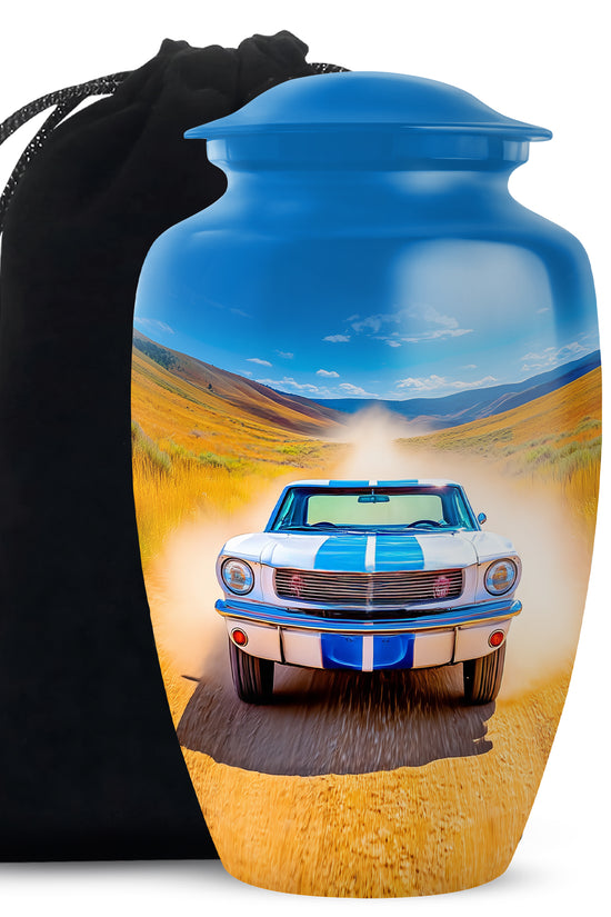 Indigo Car Cremation Urn angled view of lid and engraved motif - classic sculpted car pattern on smooth aluminum - full-size 10 inch 200 cubic inch adult cremation urn