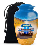 Indigo Car Cremation Urn angled view of lid and engraved motif - classic sculpted car pattern on smooth aluminum - full-size 10 inch 200 cubic inch adult cremation urn
