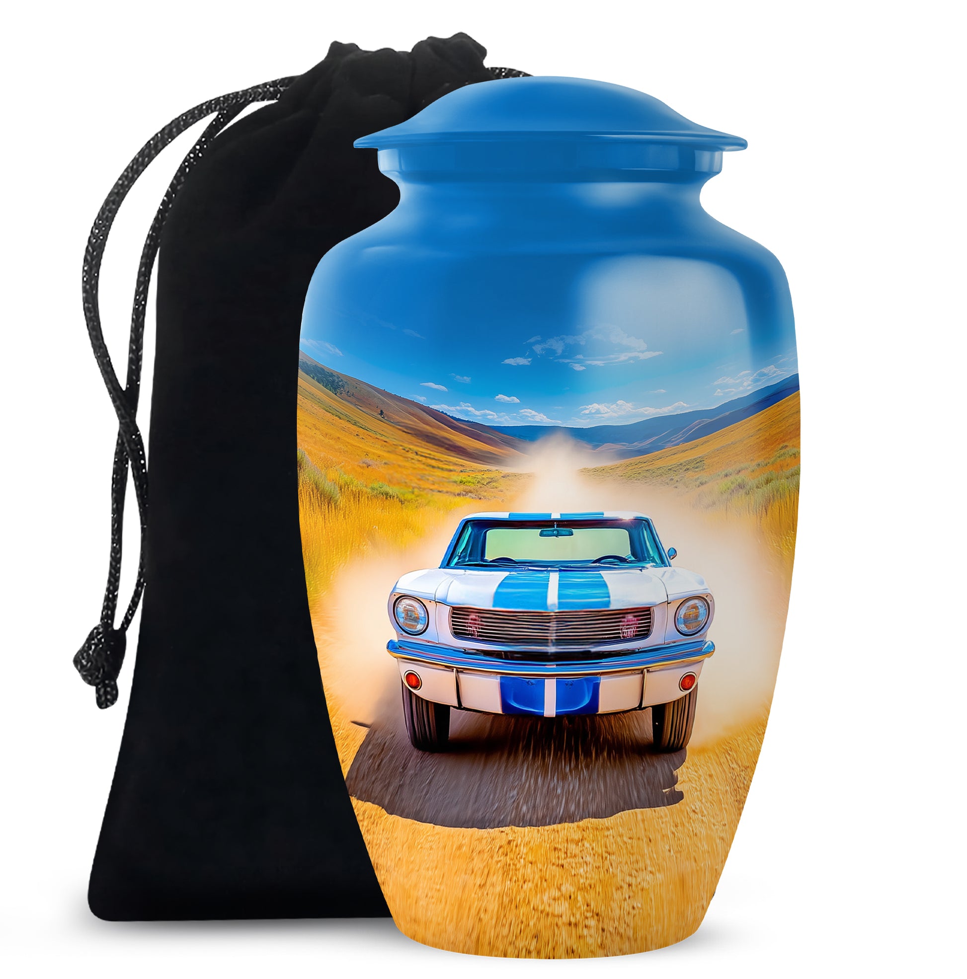 Indigo Car Cremation Urn angled view of lid and engraved motif - classic sculpted car pattern on smooth aluminum - full-size 10 inch 200 cubic inch adult cremation urn