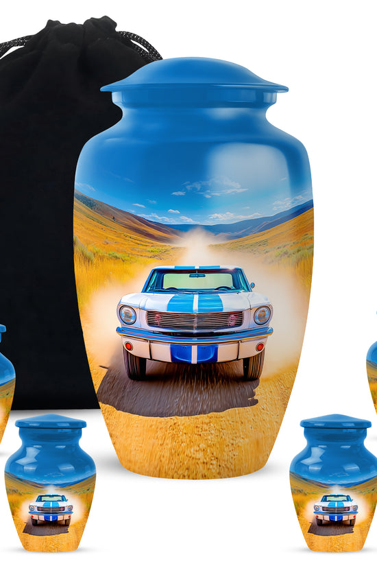 Calming Blue Car Cremation Urn top-down view of secure threaded lid - elegant classic car relief with fine detailing - memorial set with one large and four small urns