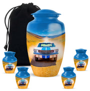 Calming Blue Car Cremation Urn top-down view of secure threaded lid - elegant classic car relief with fine detailing - memorial set with one large and four small urns