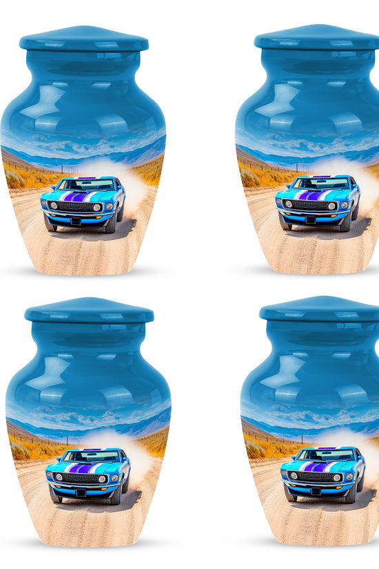 Serene Blue Car Cremation Urn side profile showing urn shape - elegant classic car relief with fine detailing - 10 inch aluminum urn for cremated remains