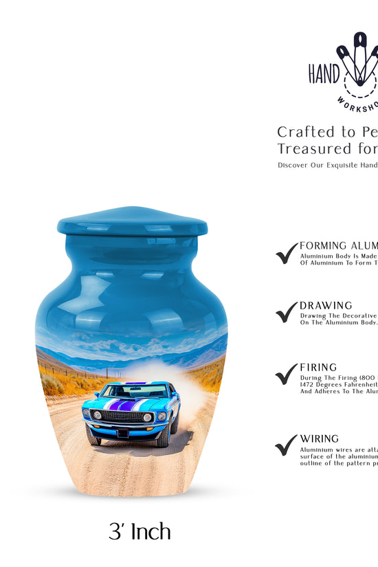 Royal Blue Car Cremation Urn close-up of engraving and surface detail - elegant classic car relief with fine detailing - mini keepsake memorial for portion of cremation ashes