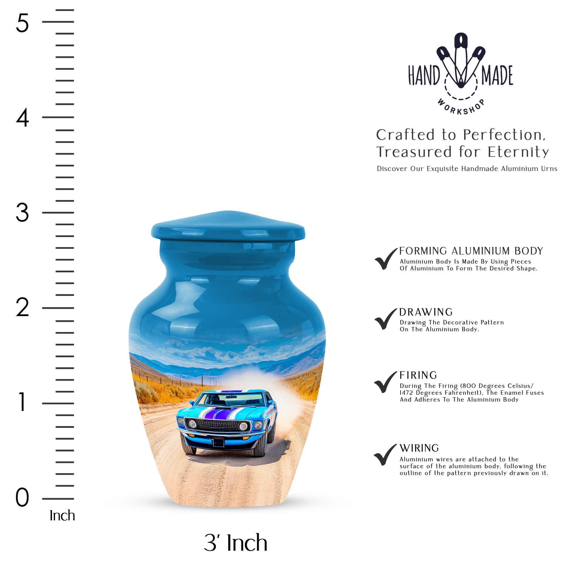 Royal Blue Car Cremation Urn close-up of engraving and surface detail - elegant classic car relief with fine detailing - mini keepsake memorial for portion of cremation ashes