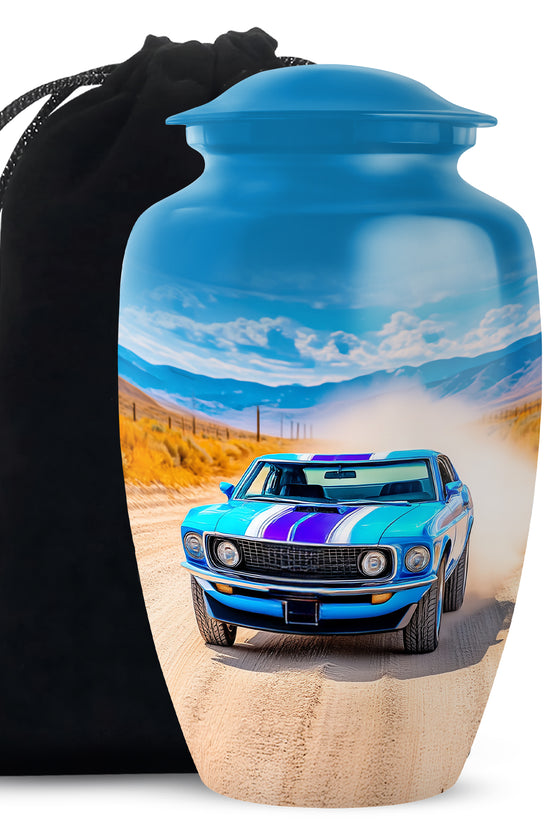 Dusty Blue Car Cremation Urn angled view of lid and engraved motif - timeless car motif etched into premium metal - full-size 10 inch 200 cubic inch adult cremation urn