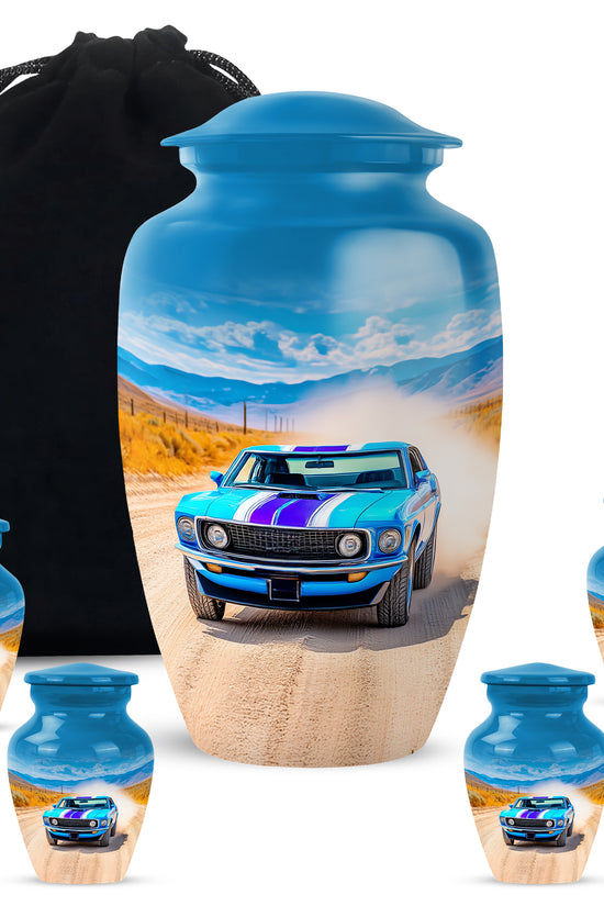 Twilight Blue Car Cremation Urn top-down view of secure threaded lid - elegant classic car relief with fine detailing - memorial set with one large and four small urns