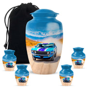Twilight Blue Car Cremation Urn top-down view of secure threaded lid - elegant classic car relief with fine detailing - memorial set with one large and four small urns