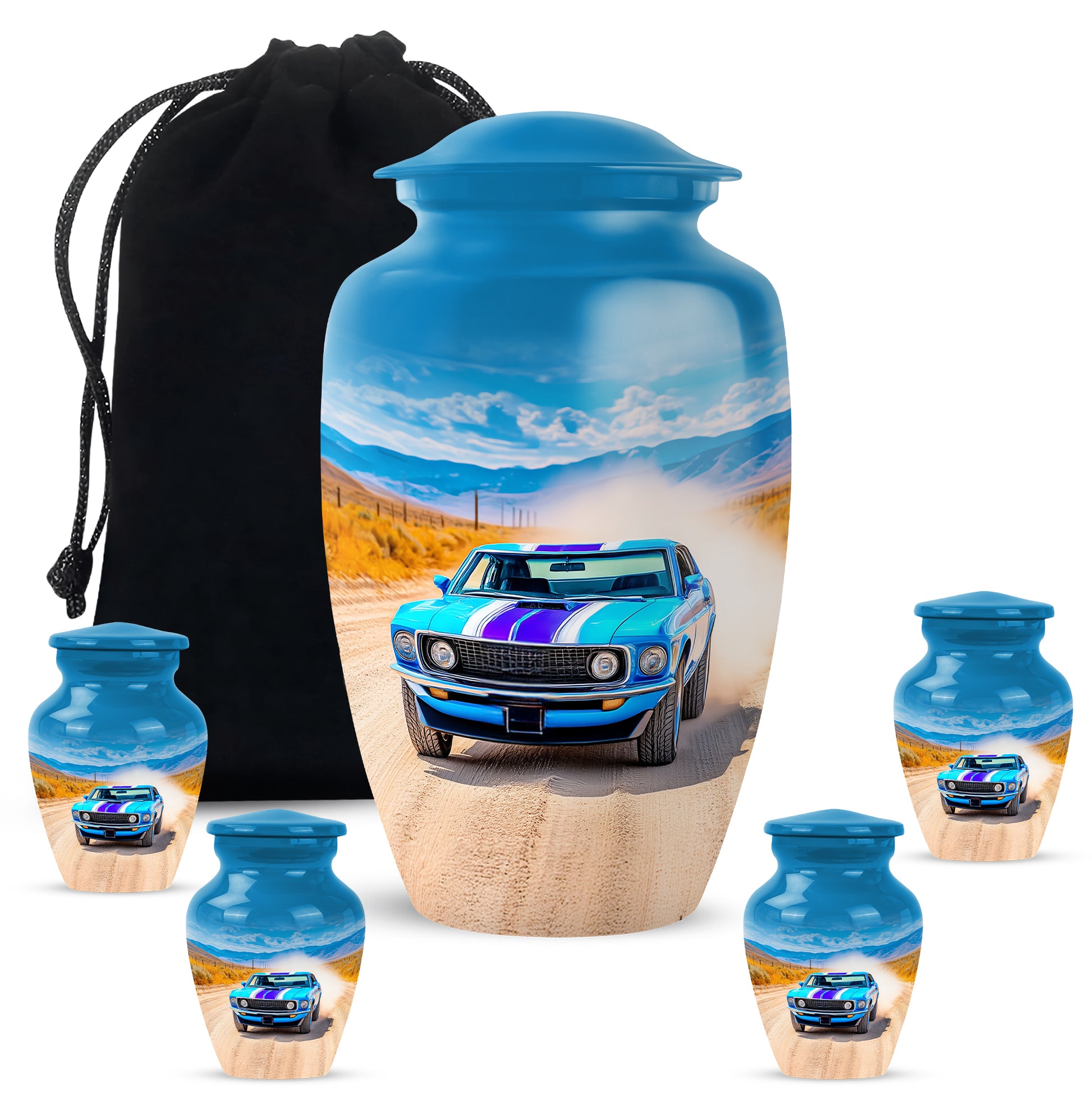 Twilight Blue Car Cremation Urn top-down view of secure threaded lid - elegant classic car relief with fine detailing - memorial set with one large and four small urns