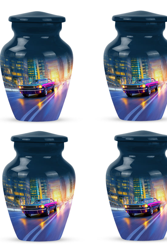 Dusty Blue Car Cremation Urn side profile showing urn shape - timeless car motif etched into premium metal - 10 inch aluminum urn for cremated remains